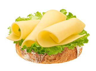 Gouda slices on bread, cheese sandwich isolated on white background