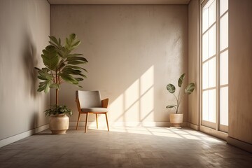 A minimalist apartment with a white chair and a small palm tree plant in a ring shaped concrete planter receiving sunlight from the window has an empty beige wall color. An example. Generative AI