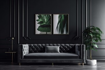 In a dark, gloomy room with a large plant and a carpet, there are poster frames and a solitary sofa. For poster frames, use a black backdrop. Generative AI