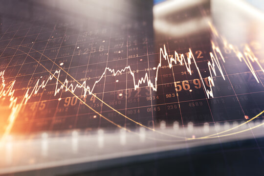Multi exposure of virtual abstract financial graph interface on blurry contemporary office building background, financial and trading concept