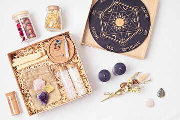 DIY gift box for wicca, witchcraft lovers. Crystals, witch accessories, pendulum board for...