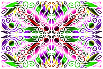 Beautiful caleidoscope symmetrical colourful gradient flowers line art of traditional background batik dayak ornament design template elements
