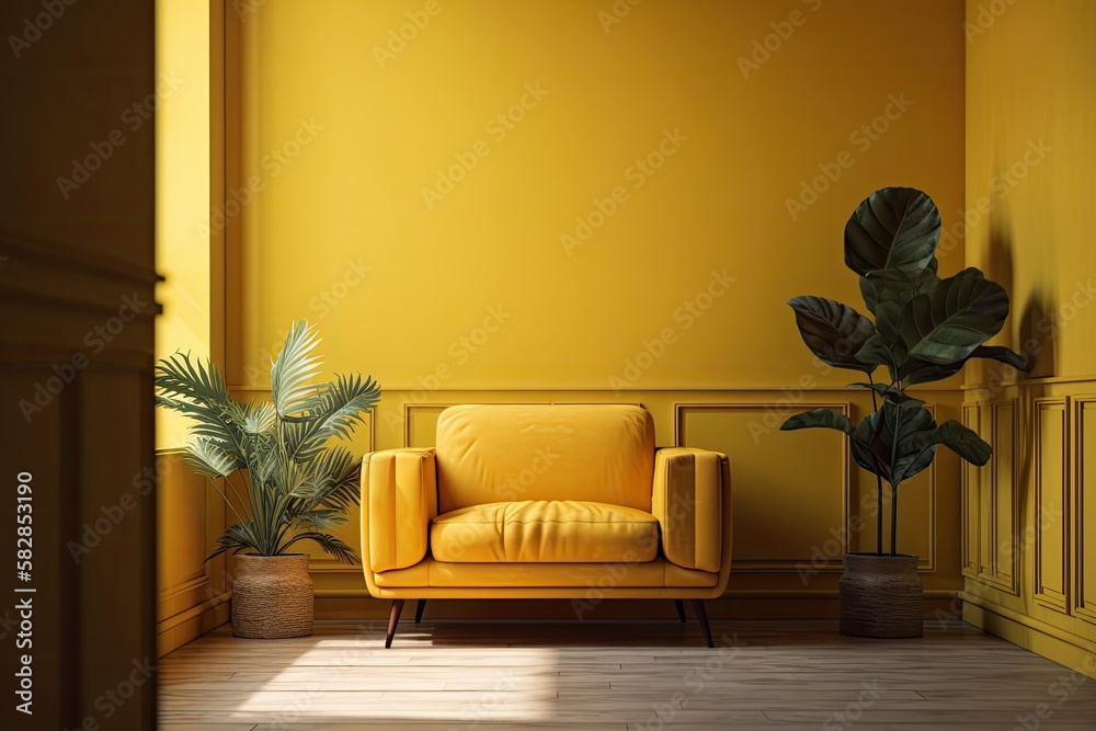 Poster On a yellow background, a creative interior design features a green plant and a yellow couch. minimal use of color. Generative AI