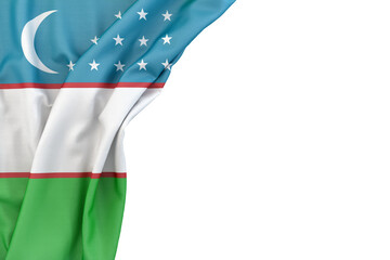 Flag of Uzbekistan in the corner on white background. 3D rendering. Isolated