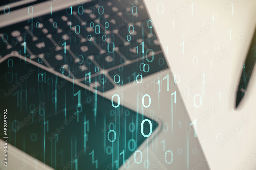 Fototapete Creative abstract binary code hologram on modern computer background, AI and machine learning concept. Multiexposure