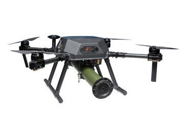A military combat drone with a guided missile launch system installed on it. Technology of flight and shooting from sky. Isolated on white background.