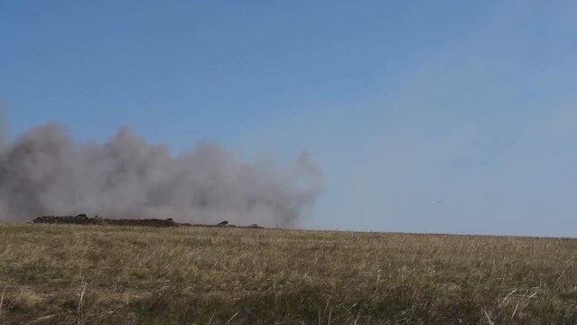 View of the firing of Russian BM-21 Grad multiple launch rocket systems. Aleppo Province, Syria.