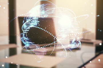 Abstract graphic digital world map with connections on modern computer background, globalization concept. Multiexposure