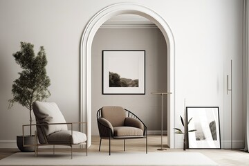 Living room with white walls, a tiled floor, and a white armchair. a vertical poster in a frame. a door with an arch. a mockup. Generative AI
