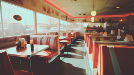 Abstract Retro American diner with a 1950s pin-up style, featuring nostalgic d&eacute;cor, checkerboard floors, chrome accents, and a classic jukebox. Generative AI