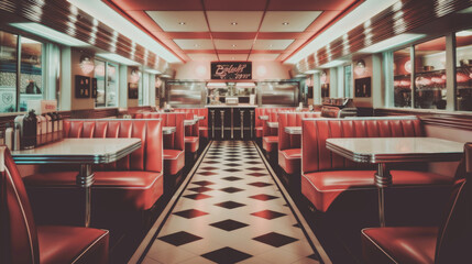 Abstract Retro American diner with a 1950s pin-up style, featuring nostalgic décor, checkerboard floors, chrome accents, and a classic jukebox. Generative AI - obrazy, fototapety, plakaty