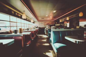 Abstract Retro American diner with a 1950s pin-up style, featuring nostalgic d&eacute;cor, checkerboard floors, chrome accents, and a classic jukebox. Generative AI
