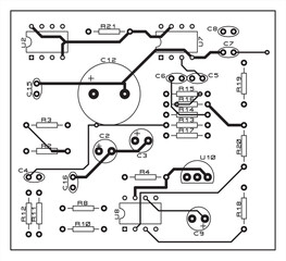 A printed circuit board of an electronic device with
components of radio elements, conductors and 
contact pads placed on it. Vector 
engineering drawing of a pcb. Top layer.
