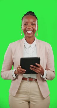 Tablet, thumbs up and woman face isolated on studio background or green screen for online success. Like, ok and support hand sign of happy black person or worker on digital technology or social media
