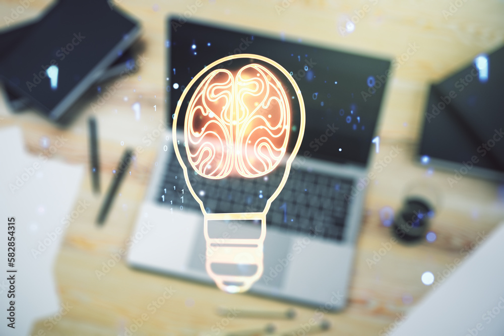 Aufkleber creative light bulb with human brain hologram on modern laptop background, artificial intelligence a