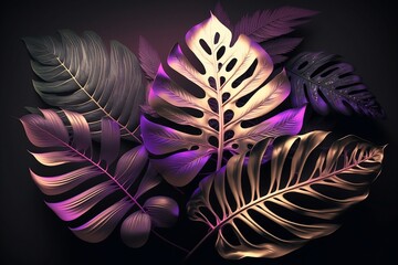 Black and gold tropic leaves composition with purple lighting on black background. Generative AI.