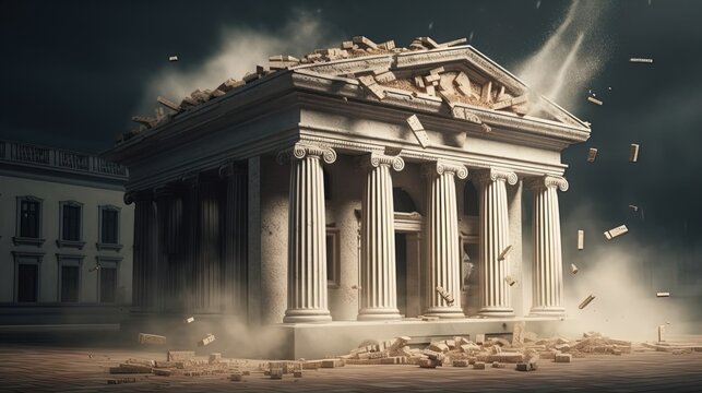 Banking Meltdown: Dramatic Collapse of a Bank Building Concept to demonstrate the banking crisis and the danger before a bank run and a financial crisis in 8K created with generative ai technology