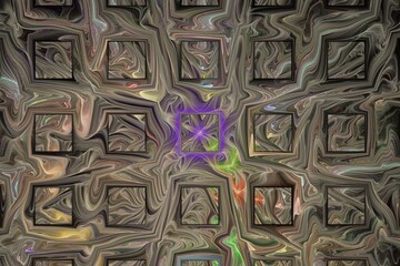 Brown pattern of curved square shapes and waves on a black background. Abstract fractal 3D rendering