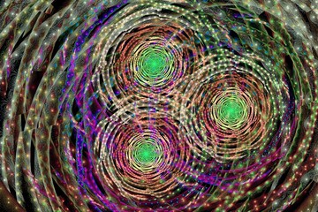 Multicolored triple swirling pattern of curved lines on a black background. Abstract fractal 3D rendering