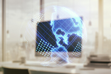 Digital America map on modern computer background, global technology concept. Multiexposure