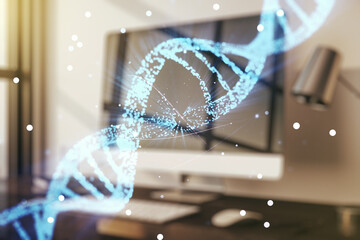 Creative light DNA illustration on modern computer background, science and biology concept. Multiexposure