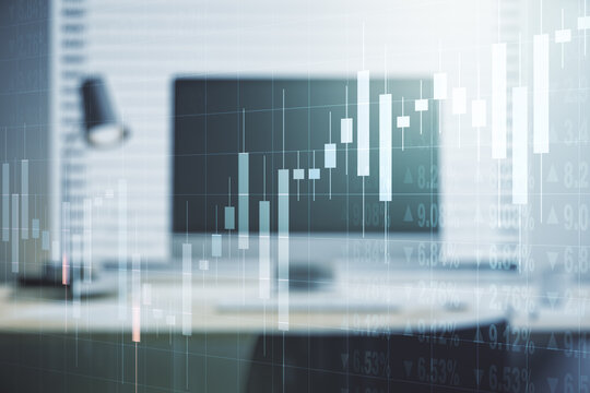 Multi exposure of abstract financial diagram on computer background, banking and accounting concept