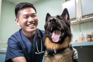 Happy Asian veterinary examining dog. Generative AI