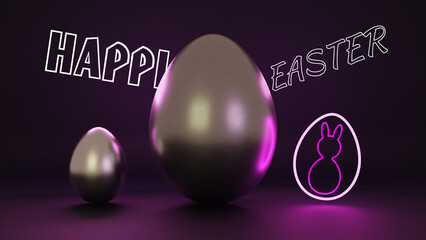 3d rendering of a holiday card with an Easter egg and a glowing neon outline of a rabbit. Beautiful 3D illustration of minimalist design for holiday cards. Abstract idea of a holiday.