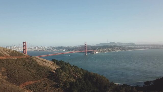 Aerial photo of morning light over Golden Gate Bridge in San Francisco California