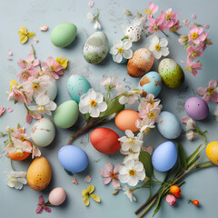 colorful Easter Eggs with Flowers on pastel background