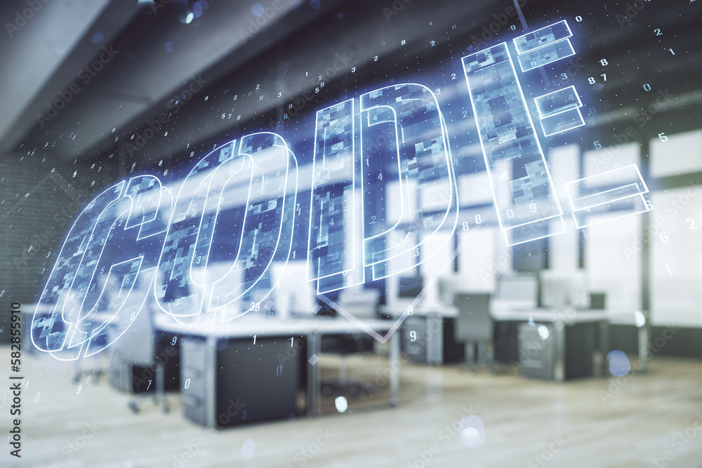 Poster Code word hologram on a modern furnished classroom background, international software development concept. Multiexposure