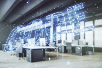 Code word hologram on a modern furnished classroom background, international software development concept. Multiexposure