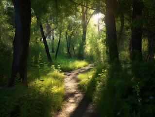 sunlit forest path, serene nature scene, tranquil woodland walk, sunlight streaming through trees, generative AI