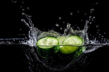 Cucumber on black background. Fruit with water drops. Generate Ai