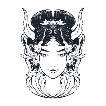 Premium Vector  Oni sketch illustration with ninja mask and mandala tattoo