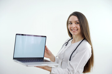 Young female scientist presents experiment result of molecular test. isolated on white. High...