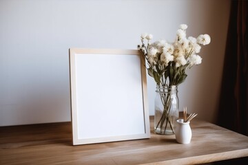 Flowers and a frame are on the table. White hues. card for greeting. Background with blank copy. a mockup. Generative AI