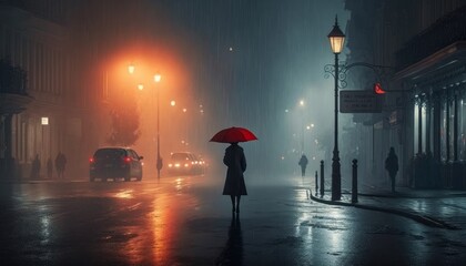 A single person holding a red umbrella walks alone in the rain in the dark city night. Generative AI.  - obrazy, fototapety, plakaty