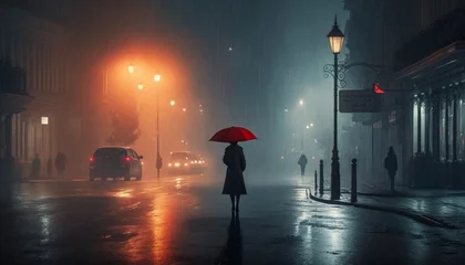 Fotobehang A single person holding a red umbrella walks alone in the rain in the dark city night. Generative AI.  © Elle Arden 