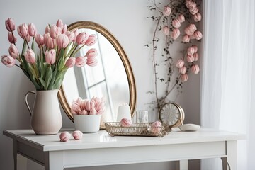 Easter spring interior design. Pink tulips with birch tree branches arranged in a glass vase. Mockup of a blank greeting card. a coffee cup, an antique wooden table, and a mirror. Interior of a Scandi