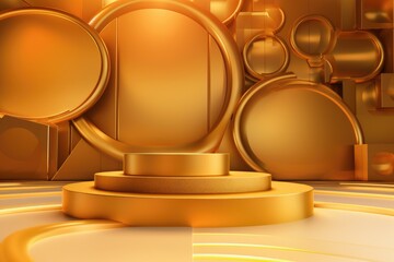 Gold podium color 3D background with geometric shapes for product presentation minimal style, stage.