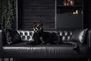 A black cat is in the living room's black leather sofa with pillows. Generative AI