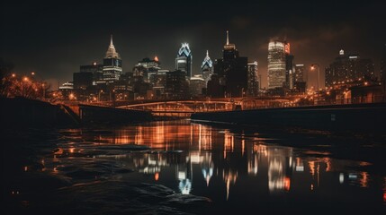 Fototapeta premium skyline of city, in the night, generative ai