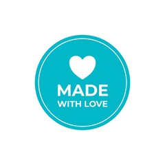 Made with Love sticker with blue background. Made with Love inscription lettering quote. Made with Love calligraphy. Made with Love card.
