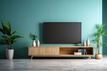 Modern living room TV cabinet against a blank, cyan wall. Generative AI