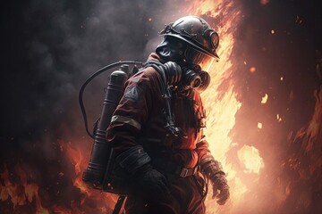 Firefighter searching for possible survives. Generative AI