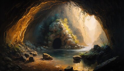 A beautiful mystical underground cavern with blue water and golden light rays. Generative AI. 