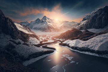 Sunset with beautiful river path to the mountains - AI Illustration