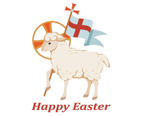 Happy Easter. Religious christian symbol lamb of God and cross on flag. Lamb is symbol of Christ's sacrifice. Isolated. Vector - 582858582