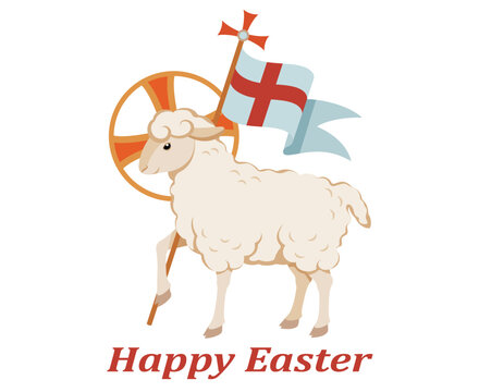 Happy Easter. Religious christian symbol lamb of God and cross on flag. Lamb is symbol of Christ's sacrifice. Isolated. Vector